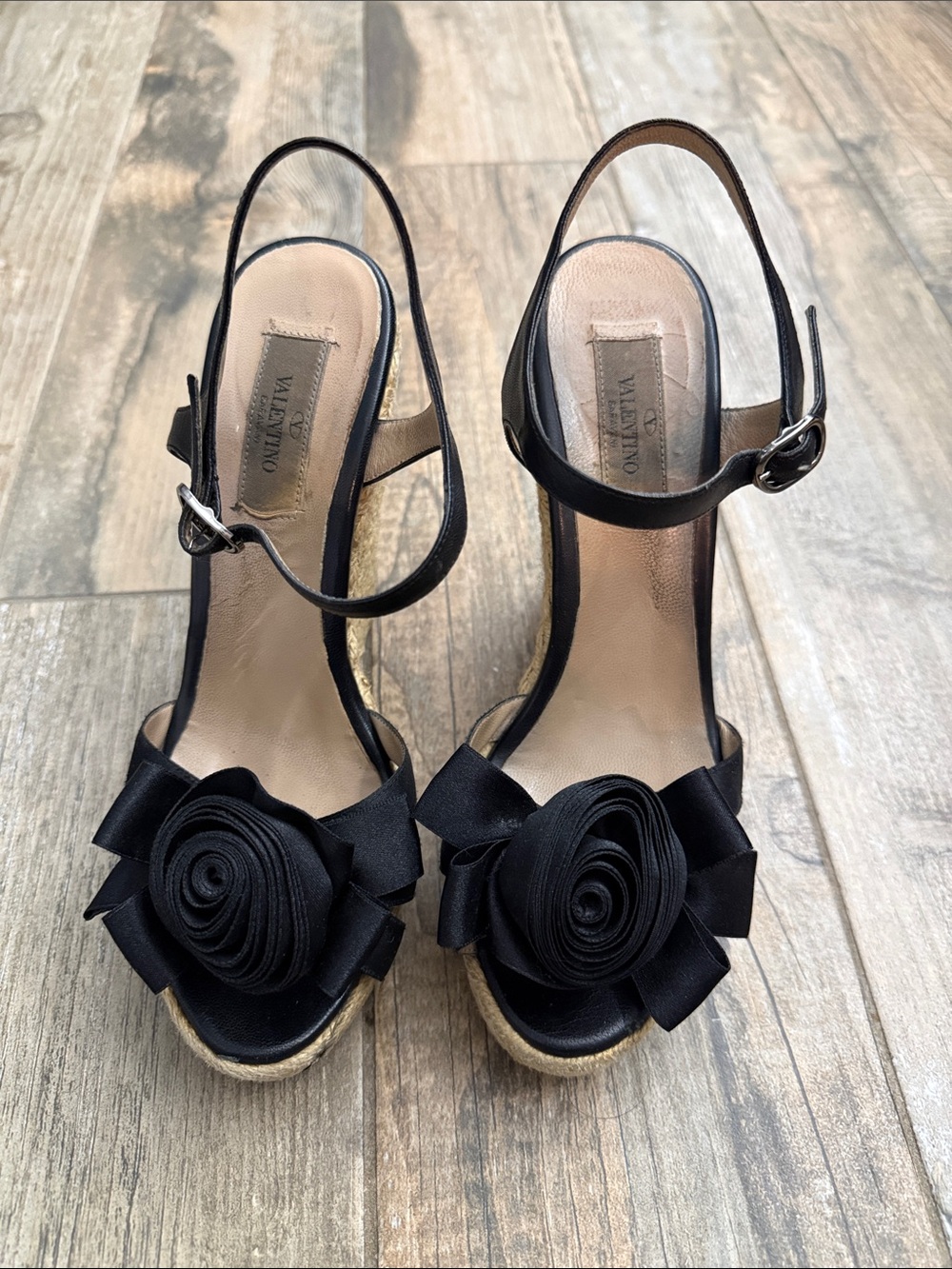 Valentino Black Rose Applique Slingback Platform Heels